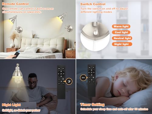 Image of 2 Pack Plug in Wall Sconces with Remote Control, Dimming, Adjustable Colors 2700K-6500K, Swing Arm Wall Lamps with Night Light & Timer, Plug-in or Hardwired, LED Bulbs Included, Brushed Nickel