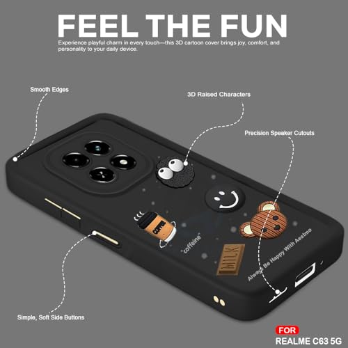 Image of AESTMO Back Case Cover for Realme C63 / N63 | Cute Fun Cartoon 3D Ball | Coffee Silicone Case | Full Body Protection | Camera Protection Back Cover for Realme C63 / N63 (Black)