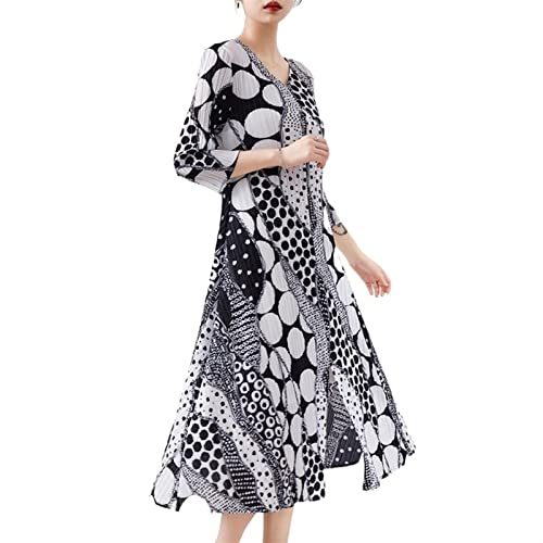 Women Casual Dresses Elegant Printed Split Long Sleeve Loose Midi Length Summer (Color : Black, Size