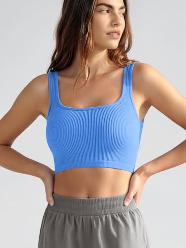 Image of ODODOS 3-Pack Seamless Square Neck Crop Tank for Women Ribbed Knit Soft Low Back Cropped Tops