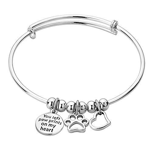 CoolJewelry Inspirational Bracelet Love Paw Prints on My Heart Expandable Charm Personalized Stainless Steel Jewelry