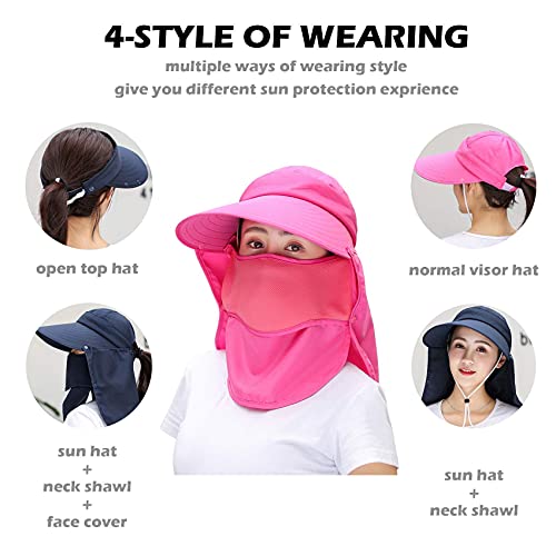 Image of Women Wide Brim Face Mask Sun Hat Detachable Neck Face Flap Ponytail UV Protection Visor Hat Garden Fishing Hiking
