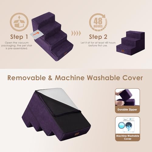 Image of EHEYCIGA Dog Stairs for Small Dogs 13.5 inch H, 3-Step Dog Steps for Couch Sofa and Chair, Pet Steps for Medium Cats, Non-Slip Balanced Pet Ramp Indoor, Purple