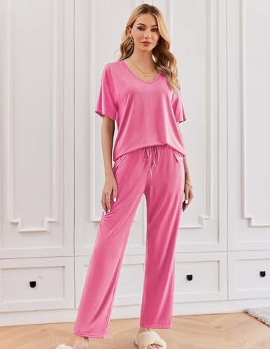 Image of Ekouaer Womens Ribbed Knit Lounge Set Short Sleeve Top and Long Pants Sleepwear Pajama Set Two Piece Matching Outfits Set