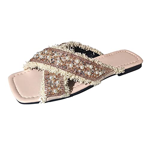 Genérico Sandalias de Verano Mujer Chanclas Flip Flop Zapatos de mujer, zapatillas de verano con punta cuadrada, zapatillas de playa informales con borlas y de Sandalias Deportivas de (Beige, 41)
