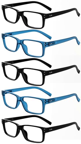 Image of Eyekepper Vintage Reading Glasses for Men - 3 Pairs Black and 2 Pairs Blue - Spring Hinges Classic Readers +3.00