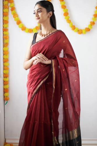 Image of SGF11 Women's Kanjivaram Soft Cotton Linen Silk Saree With Blouse Piece
