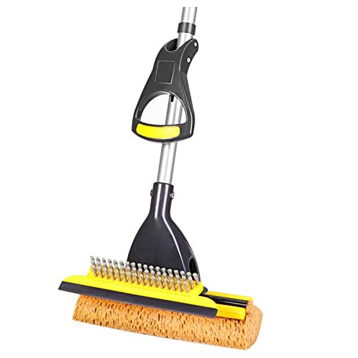 Yocada Sponge Mop Home Commercial Use Tile Floor Bathroom Garage Cleaning with Squeegee and Extendable Telescopic Long Handle 41-53 Inches Easily Dry Wringing