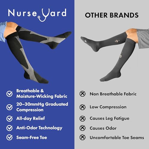 Image of Nurse Yard Compression Socks for Women and Men | 20-30mmHg Graduated Medical Compression Socks for Nurses | Travel and Flying | Athletic Support for Running, Best Compression Socks | 1 Pair Black
