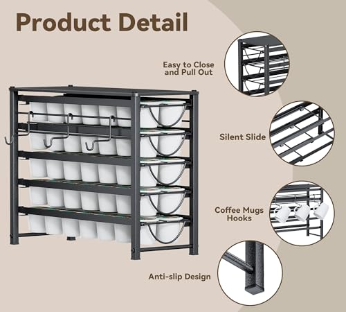 Image of HFHOME Coffee Pod Holder For Counter, Pod Holder for K-cups, 5-tier Metal Coffee Capsule Storage Drawer, 70 Capacity Pods Organizer for Cafe Counter, Home, Office or Kitchen,3 cup rack, Black