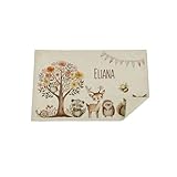 Bärenfreunde Kinder Platzdeckchen personalisiert, Platzset, abwaschbare Tischuntersetzer, Platzdecke Stoff Baby, Untersetzer mit Design lustig und Namen (Blumenbaum)