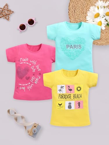 Image of Amazon Brand - Jam & Honey Girls Cotton Graphic Printed Half Sleeves T-Shirt | Regular Fit | Soft & Breathable | Age 2-8 Years (Available in Pack of 5 & Pack of 3)