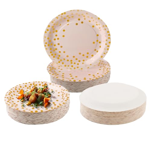 CYZBL 50 Platos Oro Vajilla Fiesta Cumpleaños, Desechables Papel Platos de 7 Pulgadas, Platos de Papel con Lunares Dorados, Vajilla de Fiesta para Bodas, Aniversarios, Camping, Picnics (Rosa)
