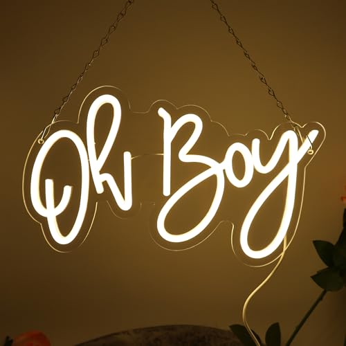 Image of Neon Sign USB Powered for Baby Shower Party Wall Decor, Oh Boy Neon Light Up Sign for Baby Shower Backdrop, White Plastic Neon Sign with Mounting Hardware