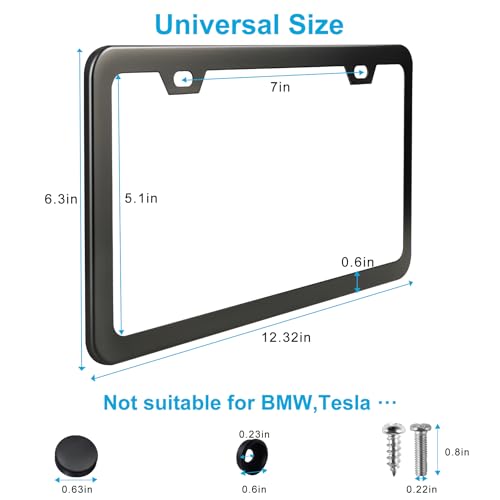 Lrokimg Black License Plate Frames 2 Pack, License Plate Holders Stainless Steel, Universal US Car License Plate Covers with Screws Washers Caps (2 Holes)