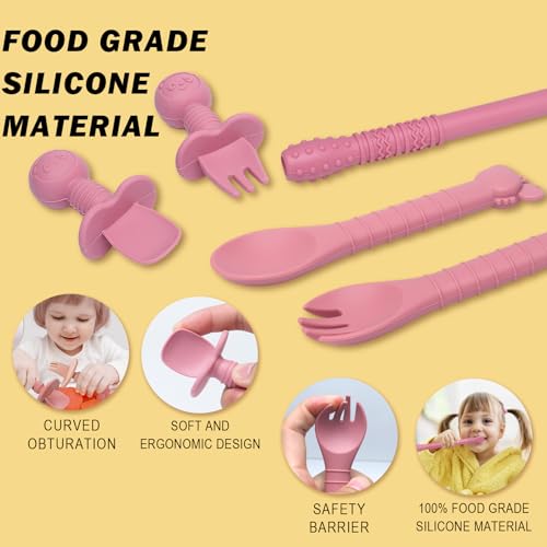 Kinyoda Avvänjningsklaff, 10 delar barnkalkset, halkfri geléset med sugkopp skål, babybestickset för mat, BPA-fri (rosa) - Image 5