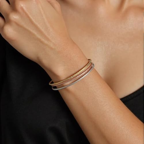 925 Sterling Silver Tri-color Stackable Bracelet for Women | Silver, Gold&Rose Gold Plated 3-Strand Diamond-Cut Link Chain | Trendy Dainty Layered Bracelets | Gift for Her, Birthday, Christmas, Valentine's Day2