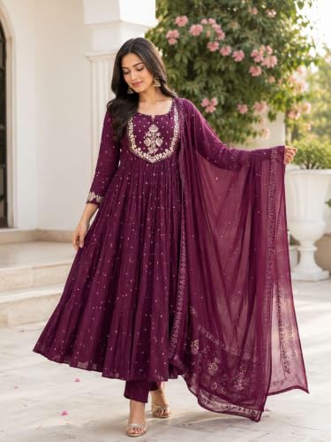 Image of Women's Cotton Embroidery Anarkali Kurti and Pant with Dupatta Set