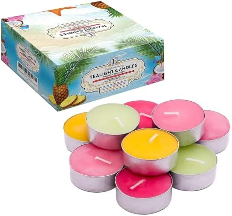 Summer Scented Tealights Gift Set - 64 pcs - Set of 16 Highly Scented Luxury Tealight Candles with 4 Summer Fragrances - Ocean Breeze, Coconut Pineapple Cream, Rose and Sweet Pea