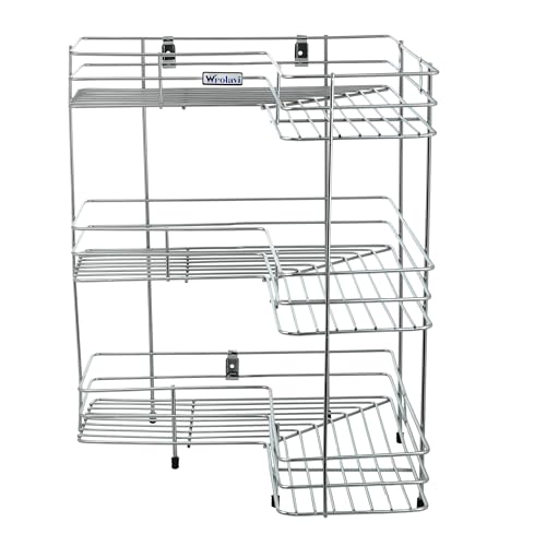 Image of Heavy Duty 3-Tier Stainless Steel Kitchen Corner Rack | L Shaped Platform Organizer Stand for Jars, Containers & Dishes | Rust Proof Countertop & Wall Mounted Shelf