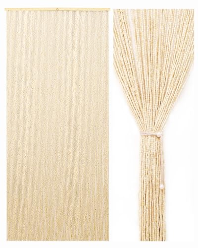 Ezcasch Rideau de perles en bois 90 x 200 cm - 90 brins - Beige rétro - Fait à la main - Protection contre les insectes - Pour chambre à coucher, caravane,...