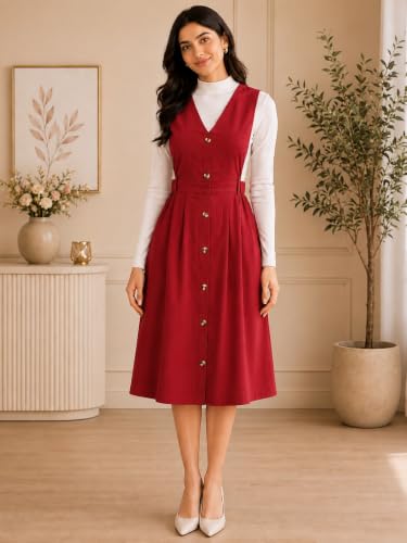 Image of WineRed Women Soild Pinafore Dress with Button