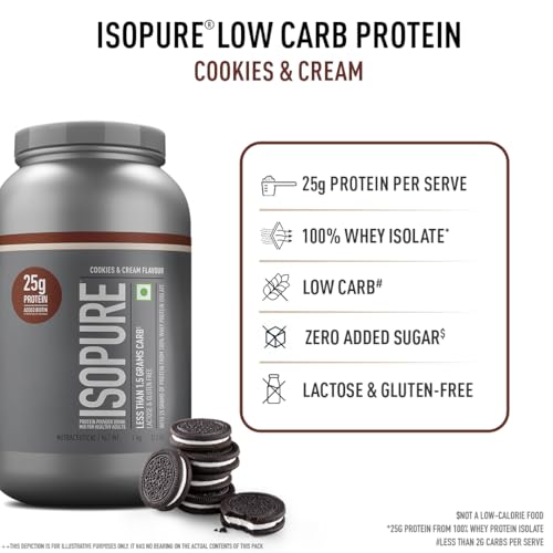 Image of Isopure Whey Protein Isolate Powder with less than 1.5gm of Carbs and Vitamins for Immune Support - 1 kg Cookies & Cream, Vegetarian protein for Men & Women. Offer Pack