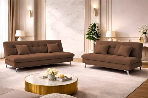 Image of Krancy Solid Wood 3 + 2 Seater Sofa Cum Bed with 2 Cushions | Convertible Wooden Couch for Living Room, Home & Office | Modern Designer Furniture | 3 Years Warranty | Brown
