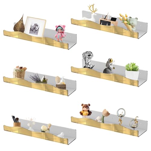 CRAFTIFANO Acrylic Wall Shelf Organizers 15 Inch Floating Shelf for Wall Decor Bookshelf for Kids Modern Mirror Gold Wall Mount Shelf for Living Room Bedroom Bathroom (6 Gold Mirror)