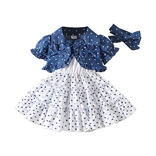 Image of PATPAT Baby Girls Dress and Short Sleeve Cardigan Sets Puff-Sleeve Denim Crop Top and Cami Dress & Headband Set