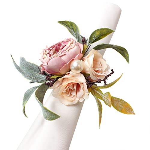Handcraft Flower Napkin Rings Set of 6, Pink Peony Flowers Napkin Holders Floral Napkin Buckles Table Decorations for Wedding Banquet Birthday Party - Cosy Home Interiors Handcraft Flower Napkin Rings Set of 6, Pink Peony Flowers Napkin Holders Floral Napkin Buckles Table Decorations for Wedding Banquet Birthday Party