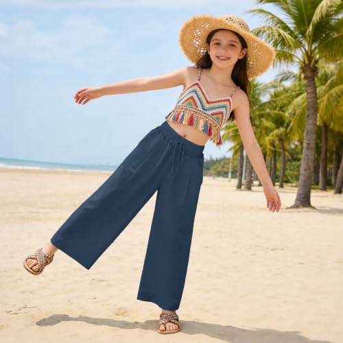 Image of Rolanko Girls Wide Leg Linen Pants Breathable Flowy Palazzo Trousers for School Beach Daily Wear 9-15 Years