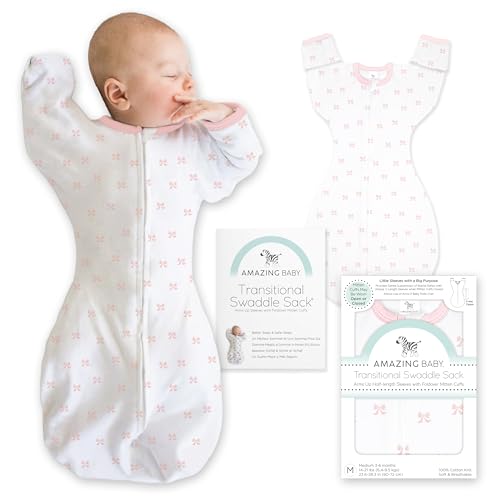 Image of Amazing Baby Transitional Swaddle Sack, Arms Up Half-Length Sleeves & Mitten Cuffs, Most Gradual Transition Swaddle for Newborns to Baby Sleep Sack, Small, 0-3 mo, 6-14 lb, Pink Tiny Bows