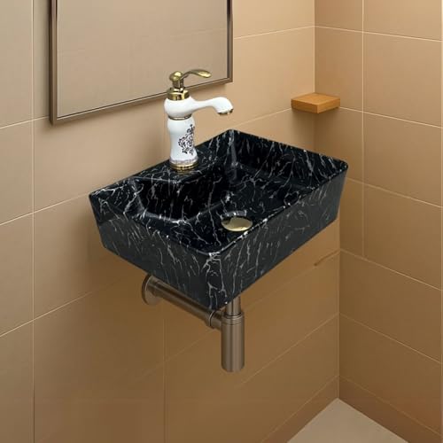 Image of Artiva Ceramic Wall Mounted Bathroom Basin /Designer Table Top Sink For Bathroom /Wall Hung Washbasin /Wash Basin For Cabinet /Countertop Vanity Sink (Nero Black 16 x 12 x 5 Inch)