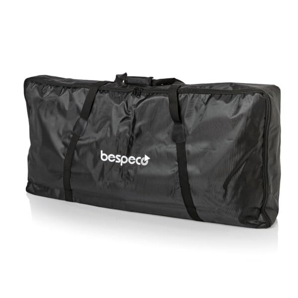 Bespeco DJTABM - Tavolo da DJ pieghevole in acciaio con borsa di trasporto. Piedini livellanti. Include copertura per facciata bianca e nera