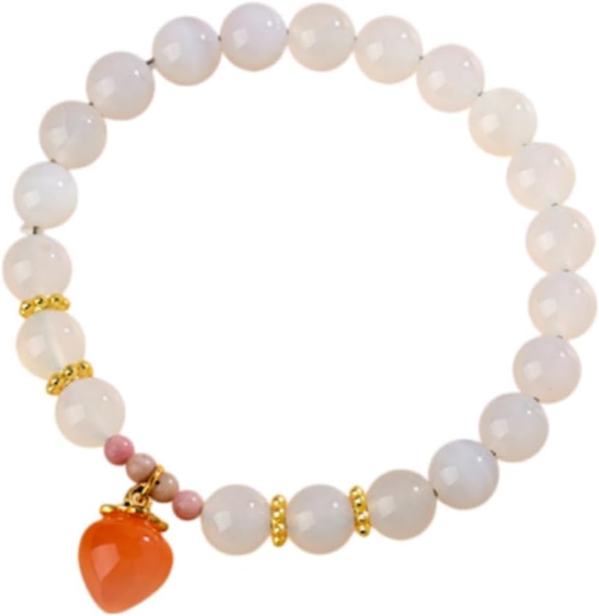 DorkTees (z100白玛瑙手链) 天然白玛瑙 Fengshui Jade Bracelet Lucky Charm 手链桃子吊坠小众高质感设计手串闺蜜朋友生日礼物