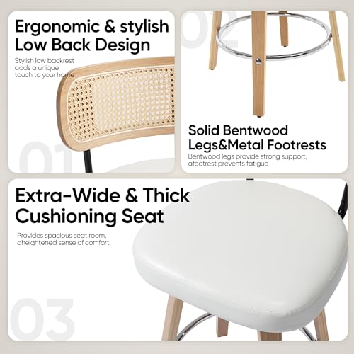 Image of Natural Rattan Bar Stools Set of 2,Upholstered PU Leather, 26'' Counter Height Barstools with Back and Wood Legs,360Swivel,Mid-Century Modern Bar Stool for Kitchen Island Dining Room and Bar(White)