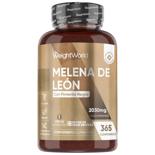 Melena de León 2000mg de Concentración 365 Comprimidos Veganos (1 Año de Suministro) - Extracto de Hongo Lions Mane o Hericium Erinaceus con Pimienta Negra, Sin OGM