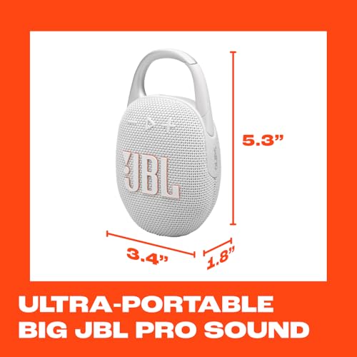 Image of JBL Clip 5 - Ultra-Portable, Waterproof & Dustproof Bluetooth Speaker, Big Pro Sound with Punchy bass, Integrated Carabiner, Up to 12 Hours of Play, Made in Part with Recycled Materials (White)