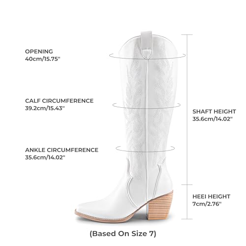 DREAM PAIRS Womens Cowboy Boots Wide Calf Comfortable Pull On Zipper Chunky Heel Pointed Toe Embroidered Western Cowgirl Knee High Boots Ladies Retro Tall Boot,Size 7.5,White,SDKB224W