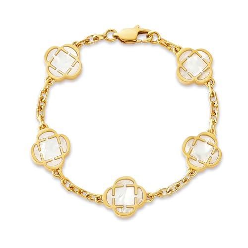 CRAFTD - White Mother of Pearl Clover Stone Gold Bracelet - Durable 18K Gold & 316L Stainless Steel - Waterproof, Heat & Sweat Resistant - Gifts for Men - Men's Jewelry