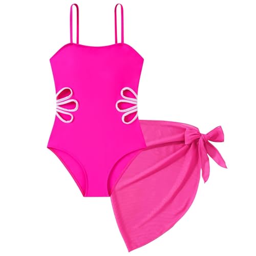 Girls Swimsuit Cute Fashion Waist Cut Out One Piece Bathing Suit with Solid Cover up Skirt Sarong (Hot Pink, 5-6 Years)