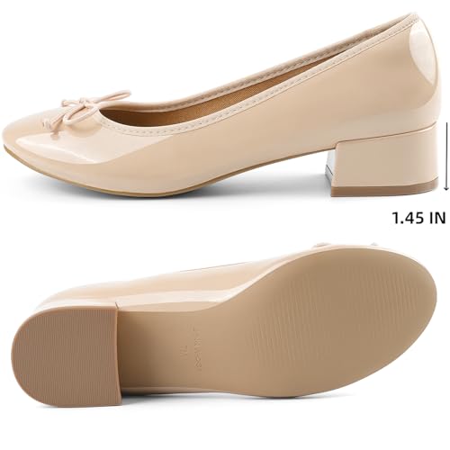 JENN ARDOR Chunky Block Low Heels Bow Round Closed Toe Comfort Work Casual Slip-On Bridal Wedding Guest Dress Cute Ballet Pumps Shoes for Women