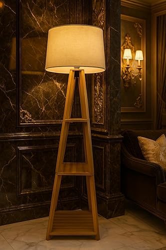 Image of Floor Lamp with Wooden Shelf, Tripod Stand, Linen Shade, Living Room Reading Light