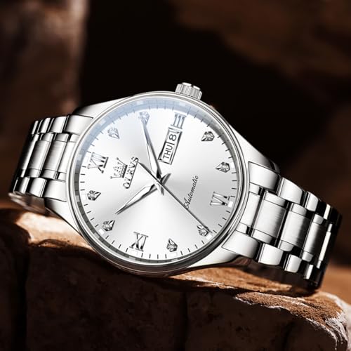 Image of OLEVS Automatic Watches for Men Self Winding Mechanical Wristwatch Luxury Business Dress Stainless Steel Luminous Waterproof Calendar Mens Watch