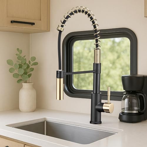 Image of Dura Faucet DF-MK504SLK-MB RV Swivel High-Arc Spring Kitchen Sink Faucet - Single Handle - Kitchen Faucet with Pull-Down Sprayer - Optional Deck Plate (Matte Black /Matte Gold)