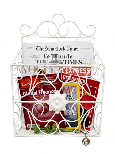 Image of Wall Mounted Hanging File & Magazine Holder - Metal Organizer for Newspapers, Documents & Office Storage | Decorative Rack for Home & Workspace 39x26x10 cm. (White)