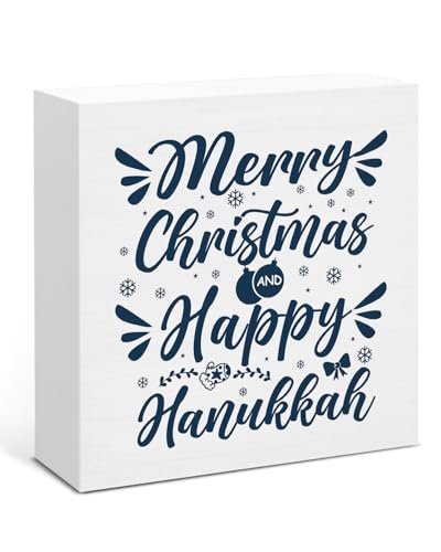 Image of Hanukkah Decor, Happy Hanukkah and Merry Christmas Wood Box Sign, Jewish Gift Ideas for Women, Jewish Christmas Home Office Decorations for Desk Table Shelf 5 X 5 Inches
