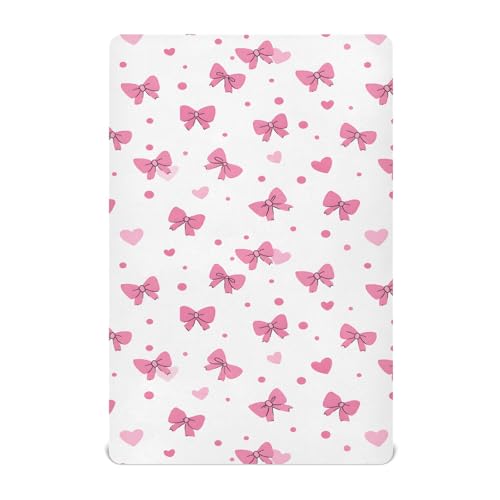 Image of Pink Bows Hearts Pattern Crib Sheets Stretchy Portable Sheets for Baby Toddler Breathable Soft Crib Mattress Sheet for Girls Boys