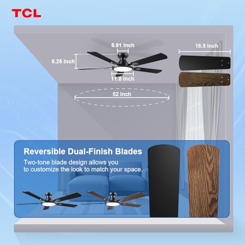 TCL Ceiling Fans with Lights, 52 Inch Low Profile Ceiling Fan with Light and Remote Control, Flush Mount, DC Reversible Motor, Noiseless, 6 Speeds Ceiling Fan for Bedroom (Black) - image 7